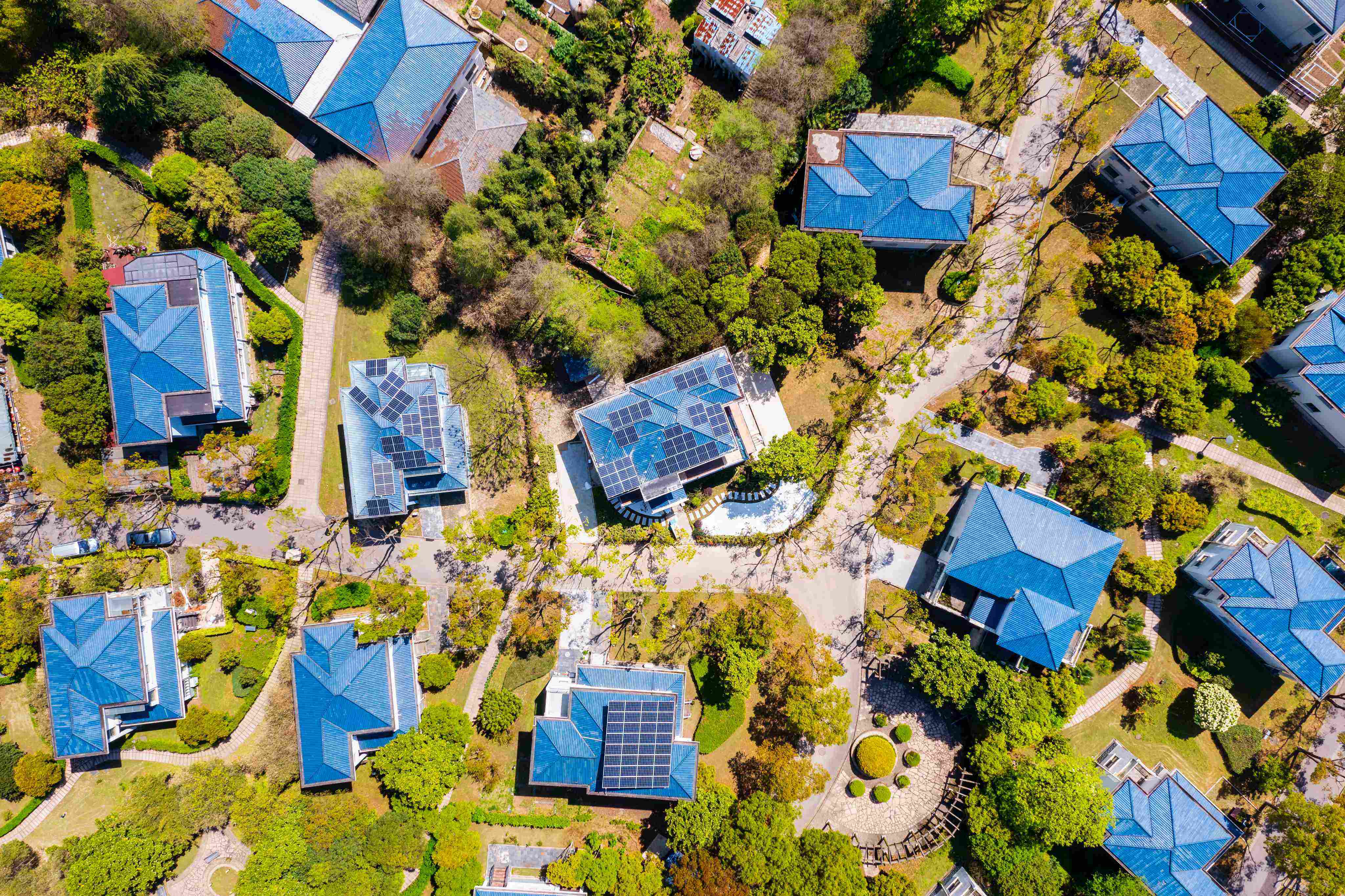 Aerial view of Campbelltown neighbourhood homes with rooftop solar