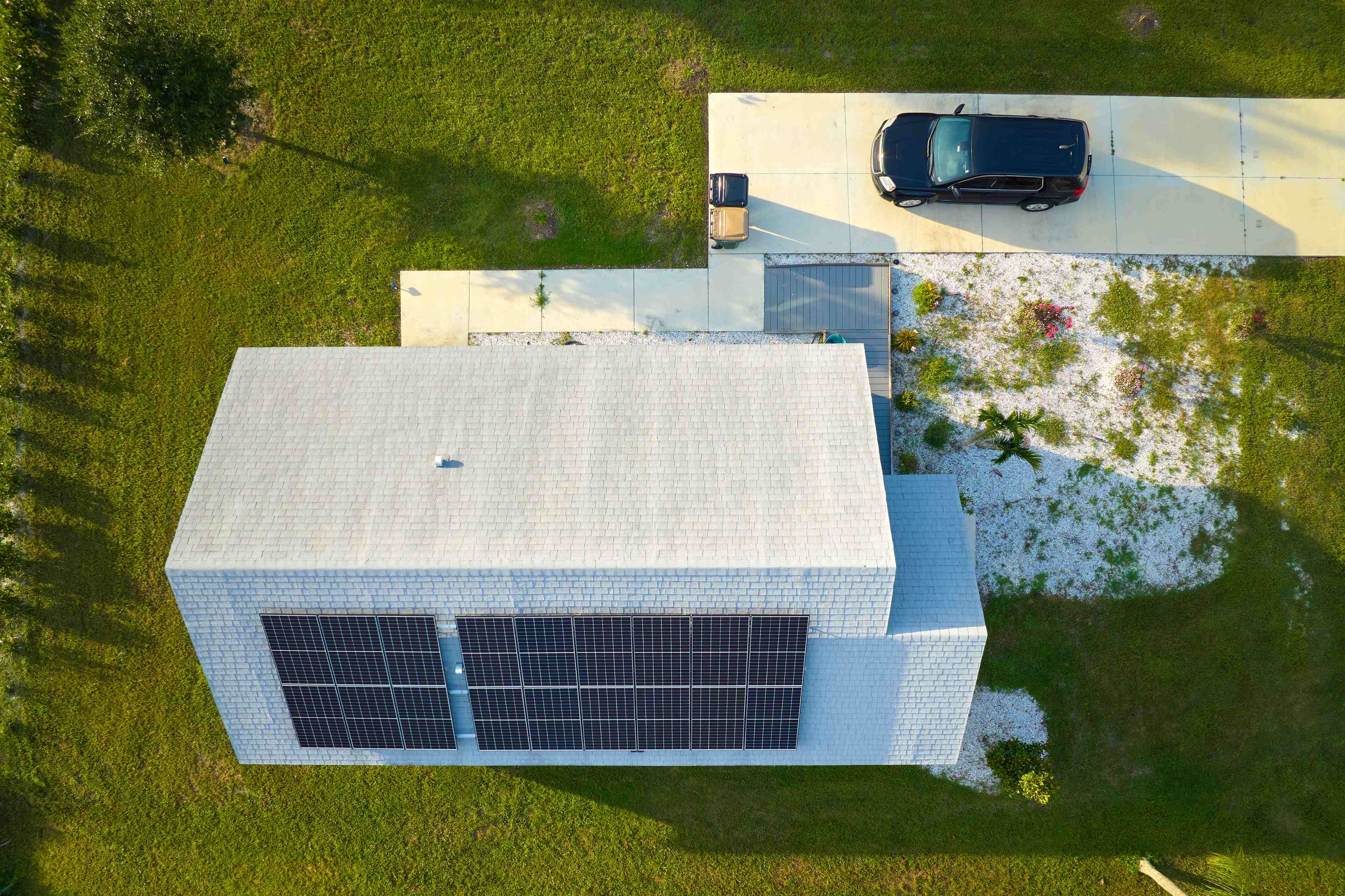Aerial view of a rooftop solar installation
